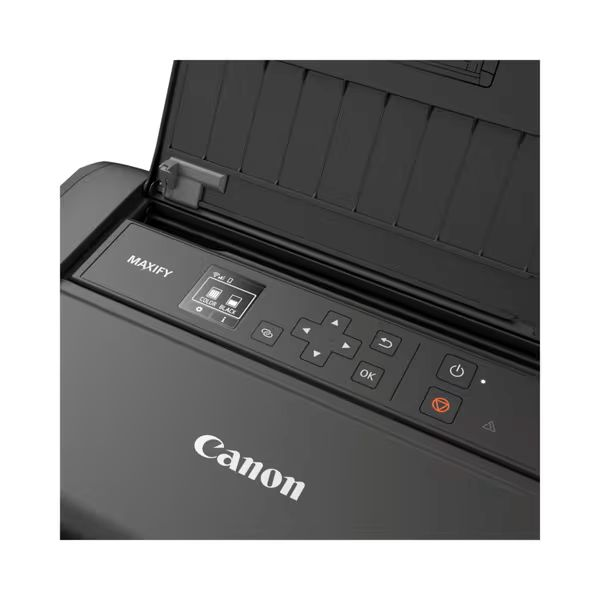 Ein schwarzer Canon-Drucker, oben geöffnet. Das Bedienfeld zeigt einen kleinen Bildschirm und Tasten mit Symbolen, einschließlich Strom und Navigation.