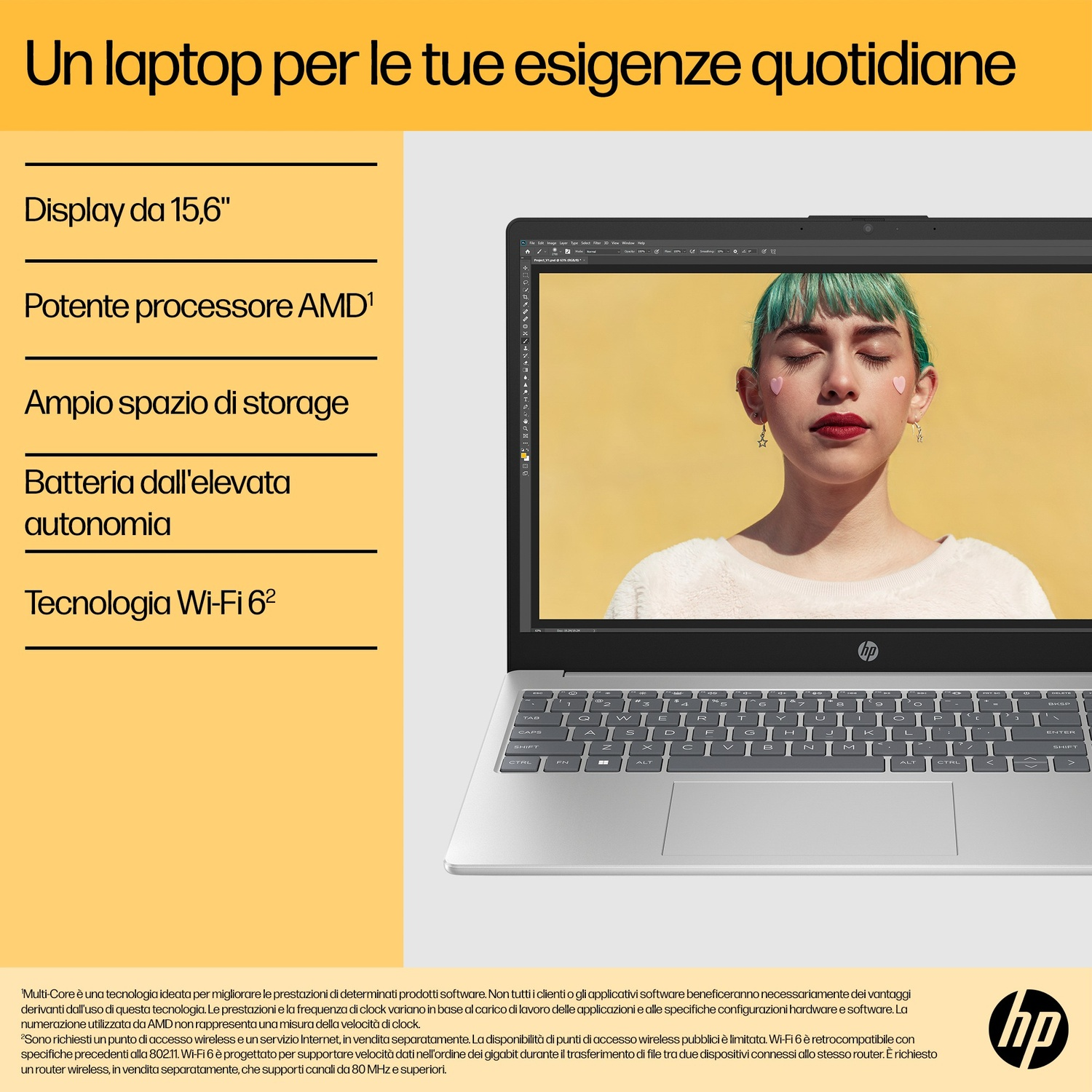 Laptop con donna sullo schermo, capelli verdi, adesivi a cuore rosa. Testo: Display da 15,6", potente processore AMD e altro. Logo HP.