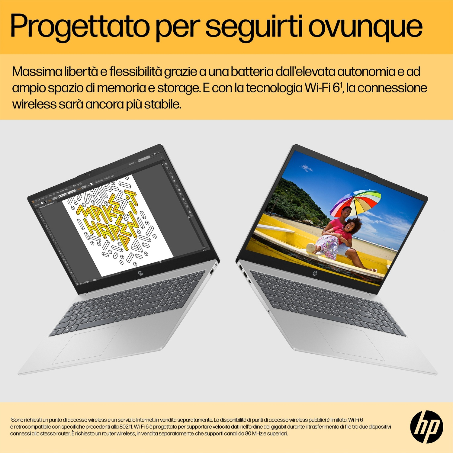 Due laptop argentati. Uno mostra un design, l'altro mostra una coppia sotto un ombrello arcobaleno sulla spiaggia.