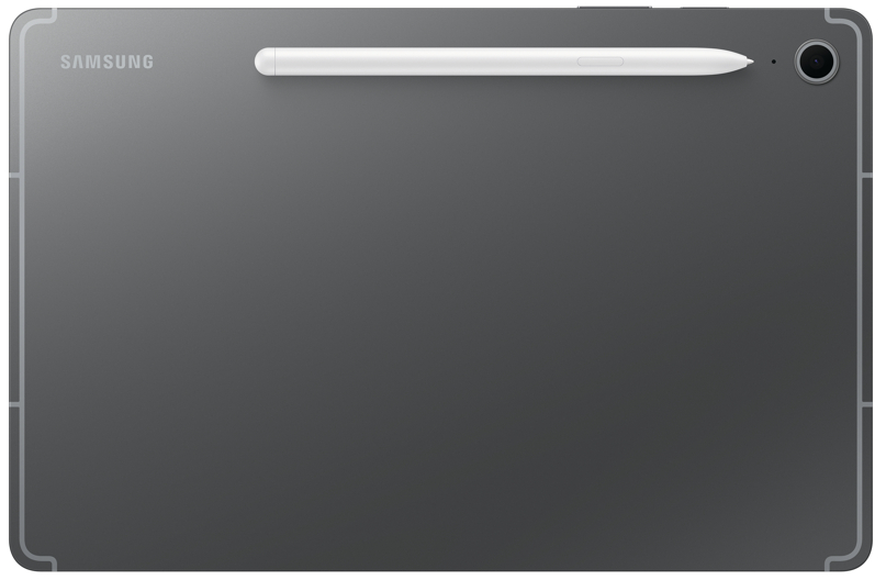 Die Rückseite eines grauen Samsung-Tablets mit weißem Stift und Kamera. Das Samsung-Logo ist oben links.