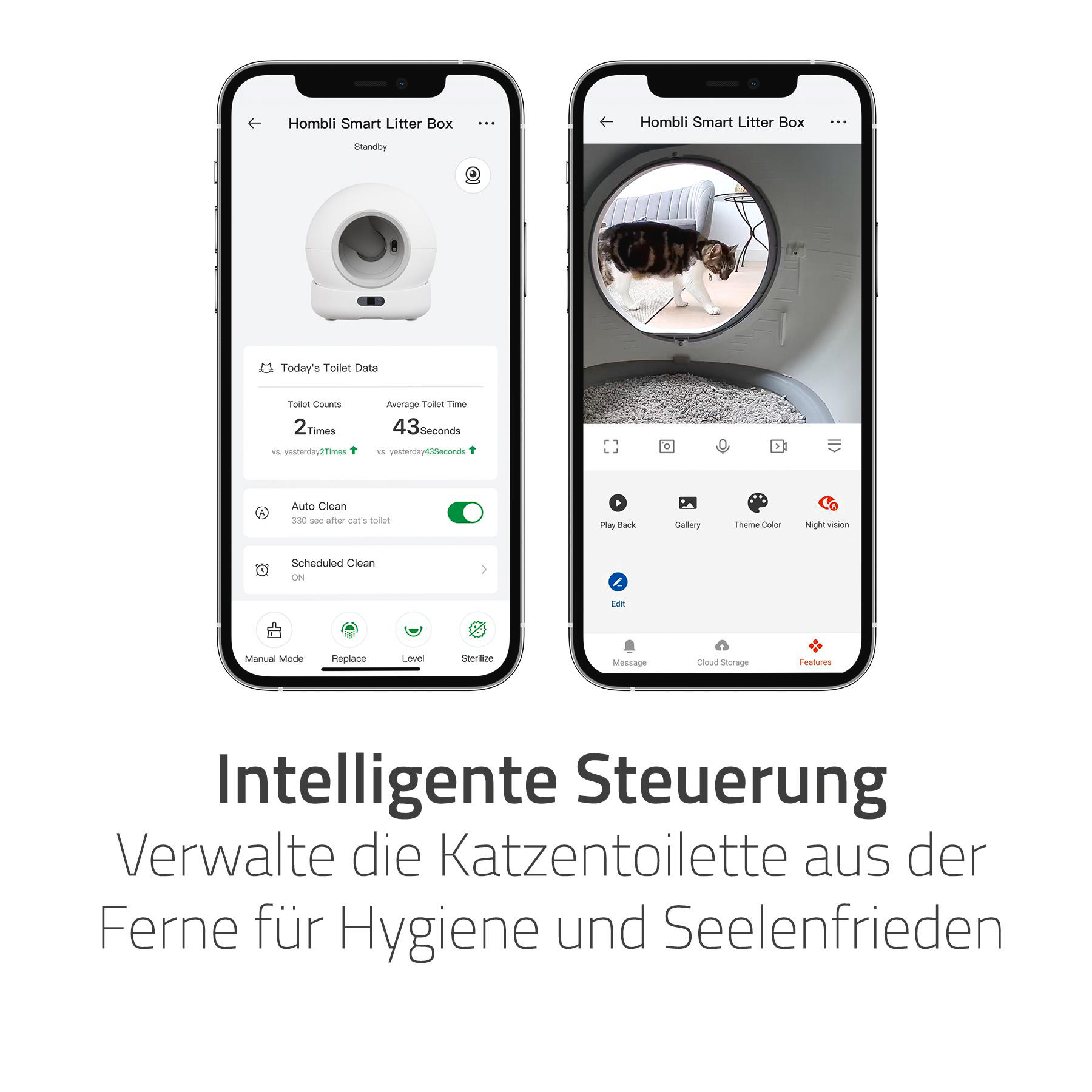 Zwei Telefone zeigen eine App für eine intelligente Katzentoilette. Eines zeigt Statistiken, das andere eine Katze in der Box.