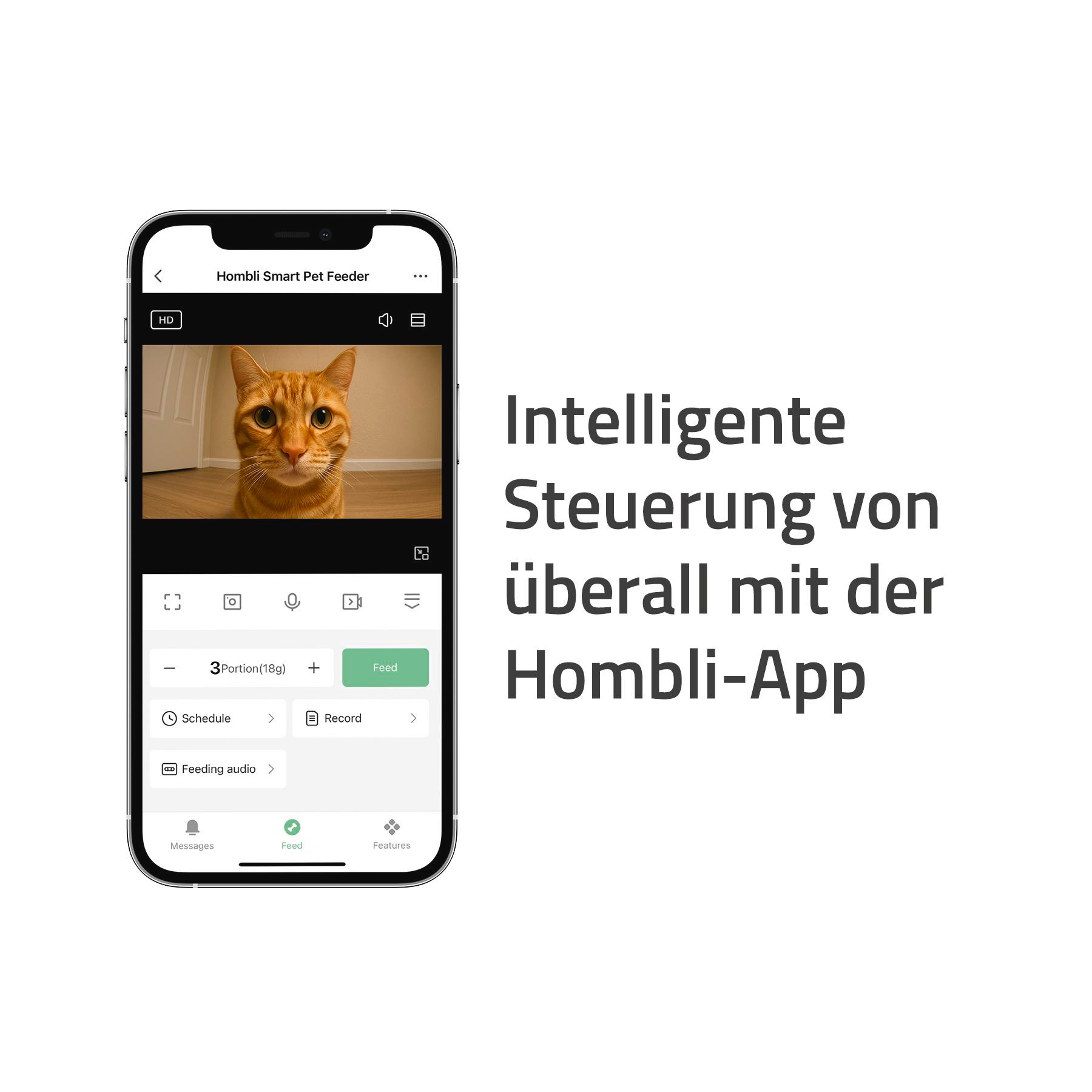 Ein Smartphone-Bildschirm zeigt eine Katze und Futtersteuerungen. Text: 'Intelligente Steuerung überall mit der Hombli-App'.
