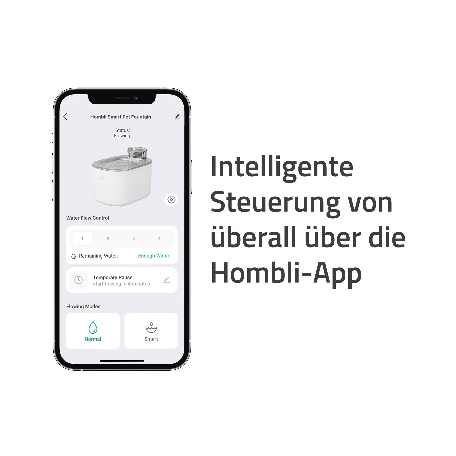 Ein Smartphone-Bildschirm zeigt eine Haustierbrunnen-App. Es zeigt die Wasserflusskontrolle und -modi. Text auf Deutsch ist ebenfalls sichtbar.