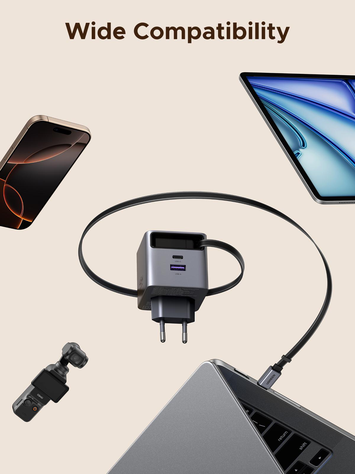 Das Bild zeigt ein Ladegerät mit Telefon, Tablet, Laptop und Kamera. Es hat mehrere Anschlüsse und ein schwarzes Kabel.