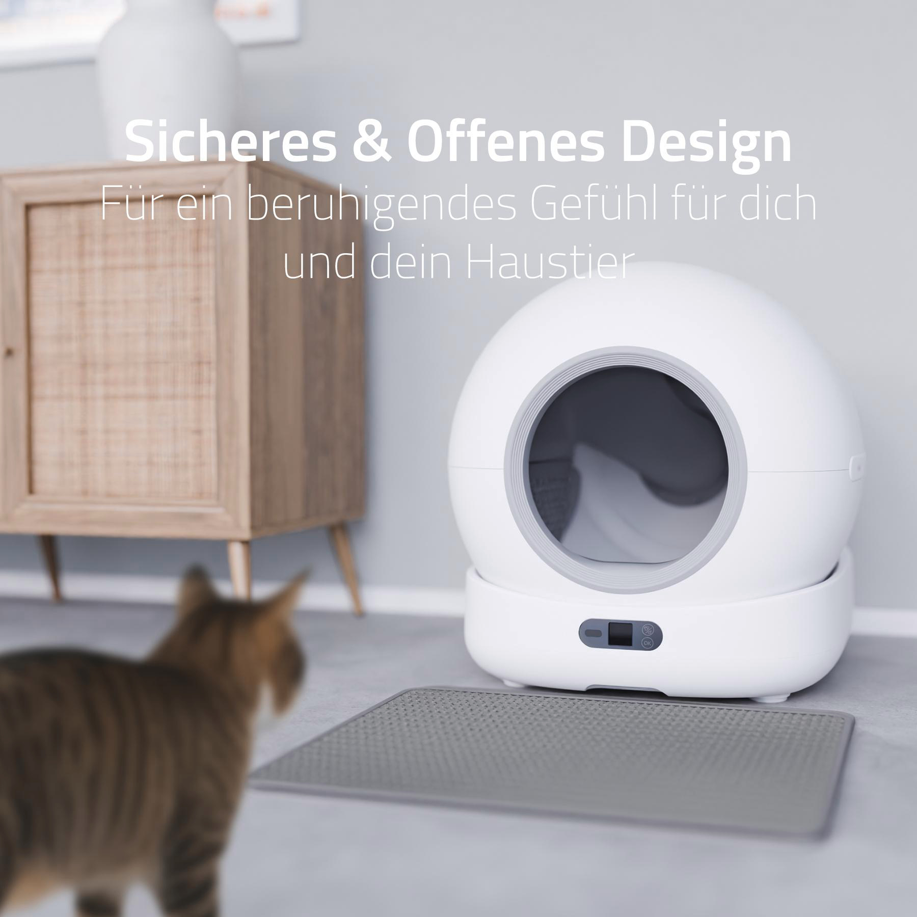 Eine weiße Katzentoilette, eine graue Matte, ein Schrank und eine unscharfe Katze im Vordergrund.