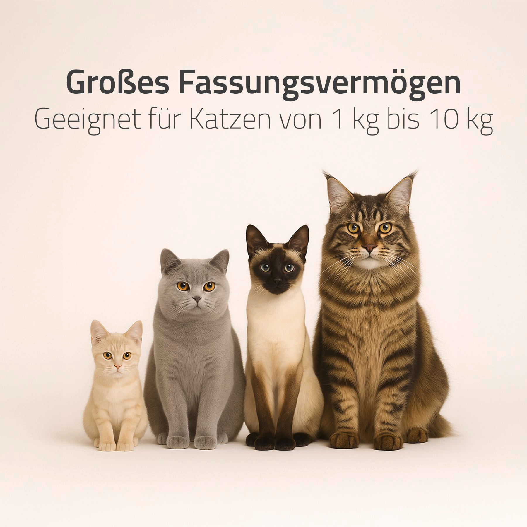 Vier Katzen verschiedener Rassen sitzen nebeneinander. Oben steht: 'Großes Fassungsvermögen. Geeignet für Katzen von 1 kg bis 10 kg'.