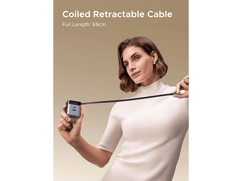 Thumbnail - UGREEN 65 Watt GaN Fast Charger mit einziehbarem Kabel, Ladegerät Universal, Grau