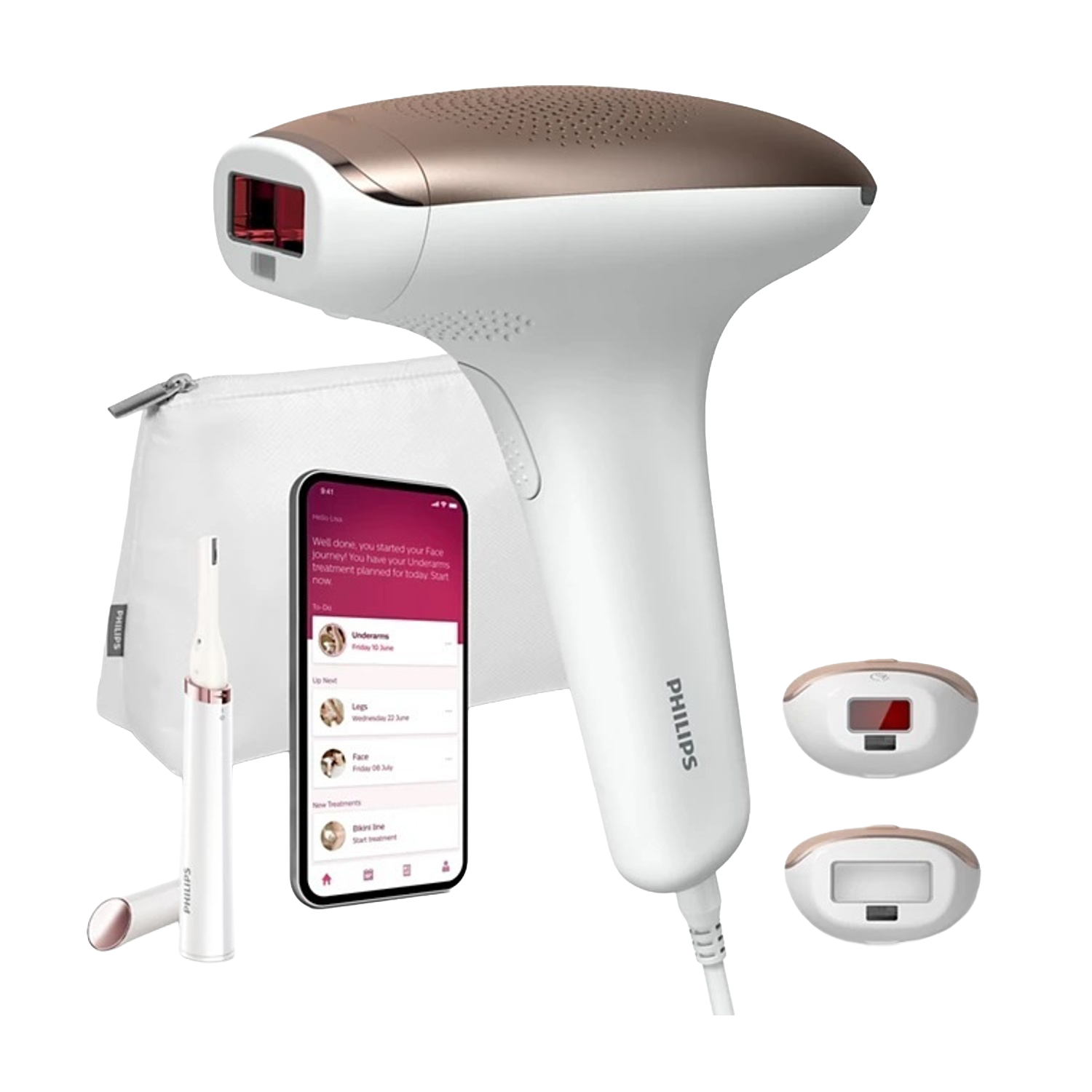 Un dispositivo per la rimozione dei peli Philips bianco con una borsa bianca, un piccolo trimmer e uno smartphone con un'app.