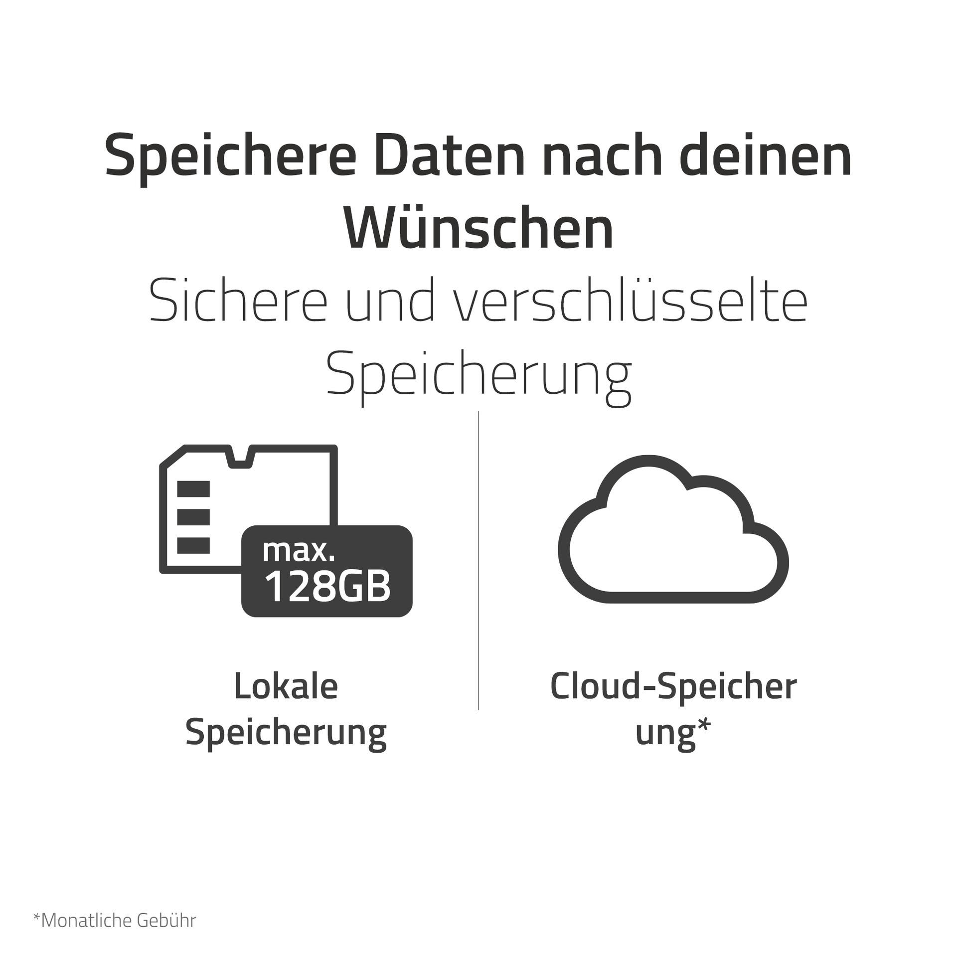 Bild mit Text über Datenspeicheroptionen. Enthält Symbole für lokalen Speicher (128GB) und Cloud-Speicher.