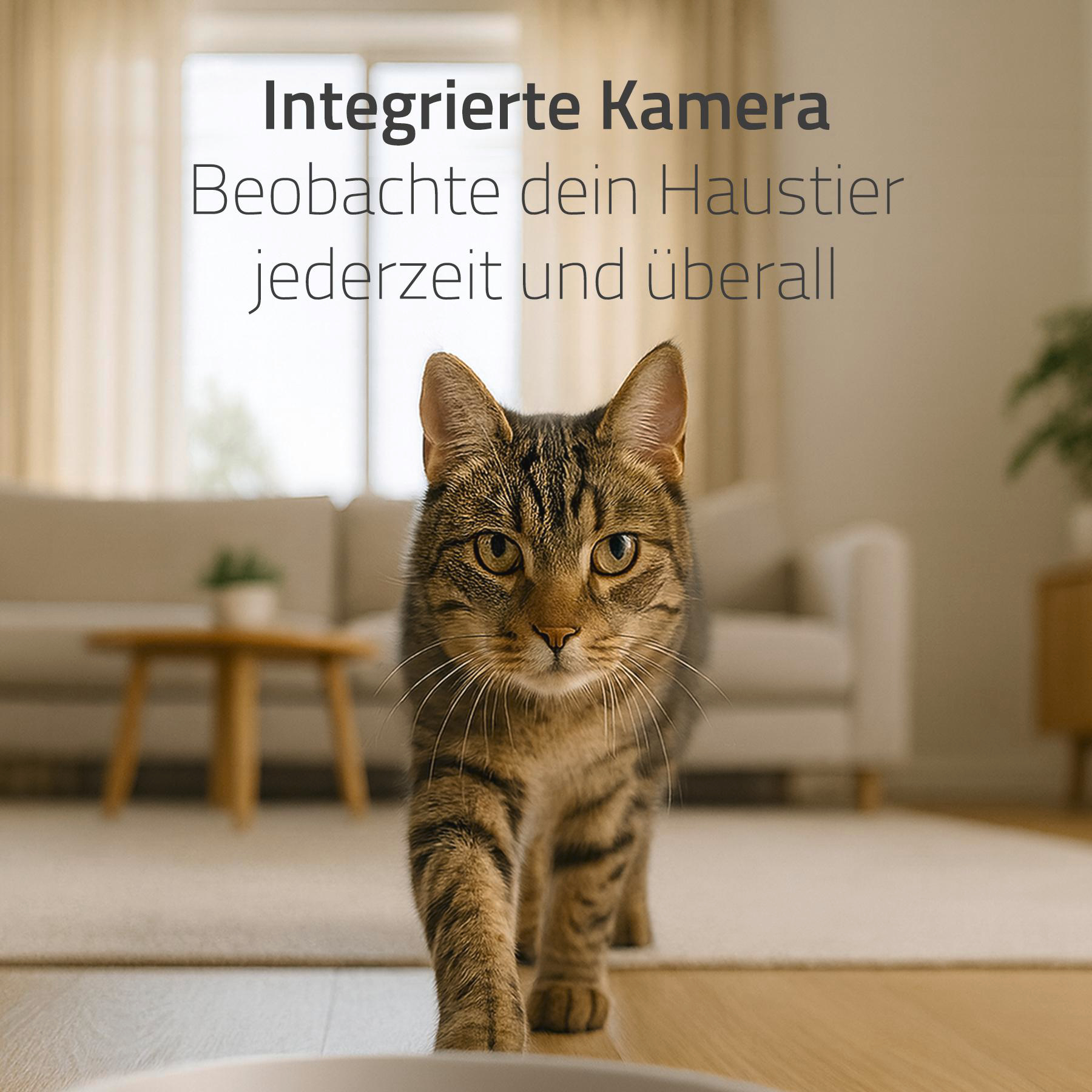 Eine getigerte Katze geht auf die Kamera zu. Der Text lautet: Integrierte Kamera, Beobachten Sie Ihr Haustier jederzeit und überall.