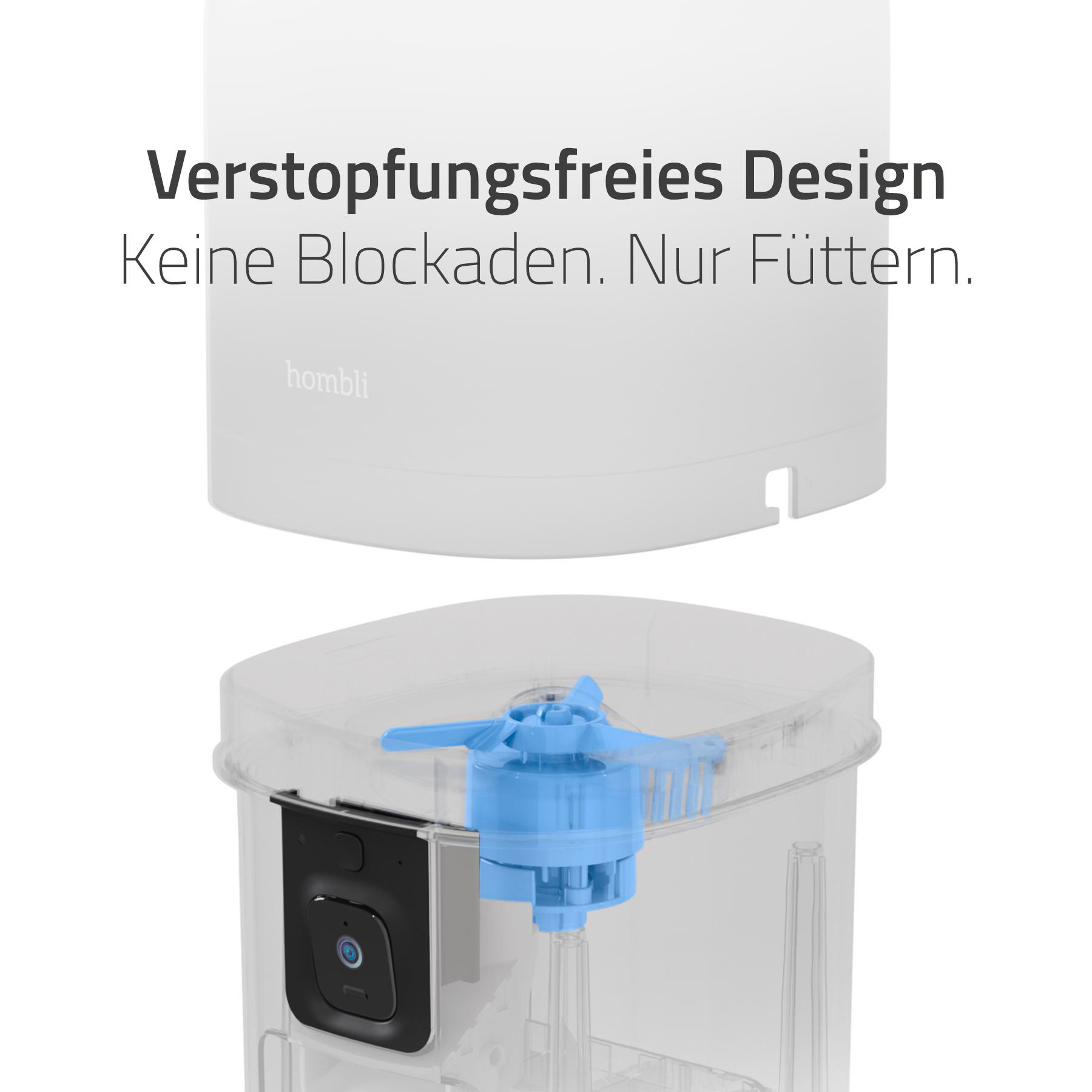 Ein klarer, transparenter Haustierfutterautomat mit einem blauen Laufrad. Der Text lautet: 'Verstopfungsfreies Design. Keine Blockaden. Nur Füttern.'