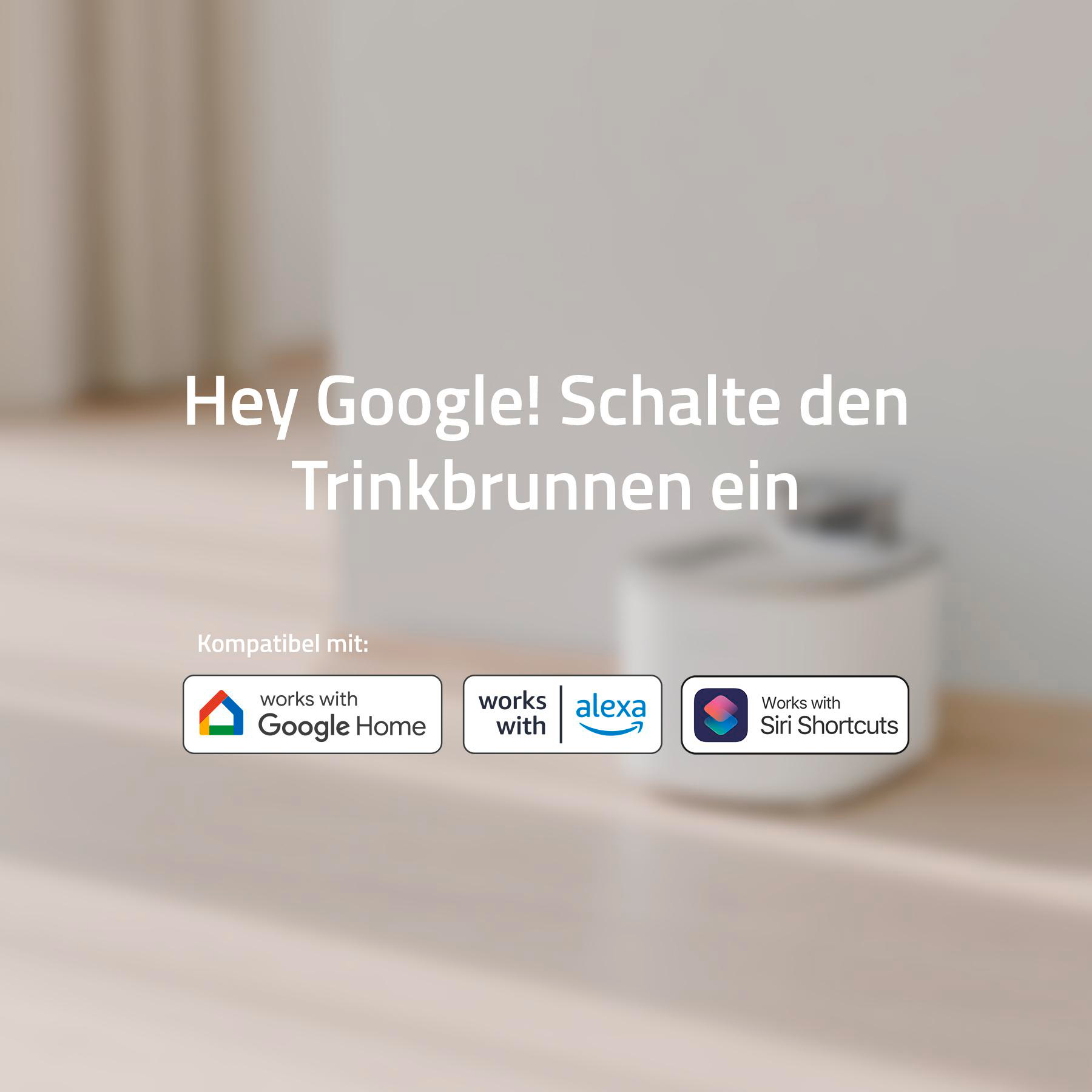 Bild mit Text: 'Hey Google! Schalte den Trinkbrunnen ein', mit Logos für Google Home, Alexa und Siri Shortcuts.