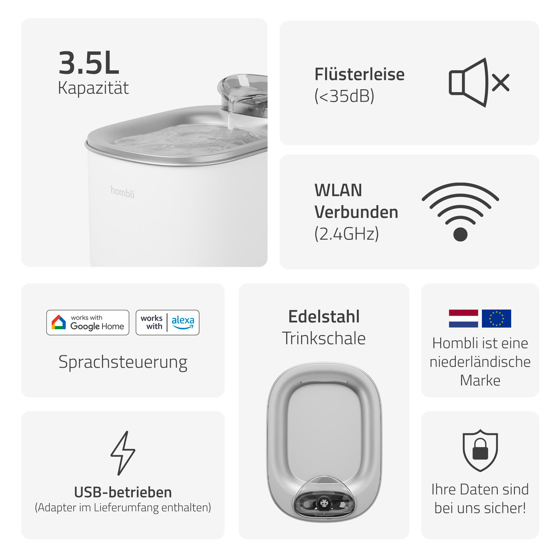 Ein weißer Haustier-Wasserbrunnen mit 3,5 l Fassungsvermögen. Merkmale sind flüsterleiser Betrieb, WLAN, Sprachsteuerung und USB-Stromversorgung.