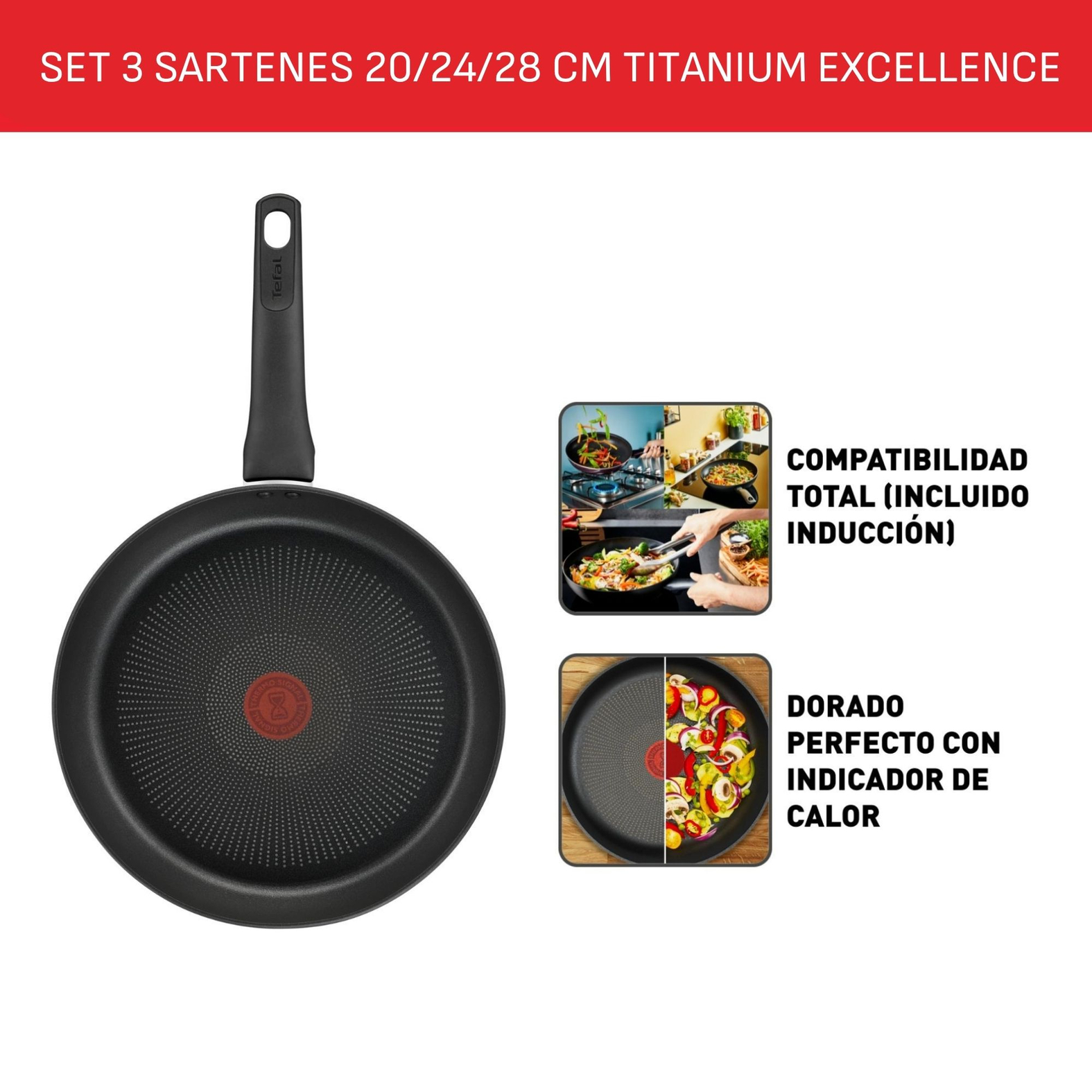 Juego de 3 sartenes negras con mangos largos. Incluye imágenes que muestran la cocción y el indicador de calor.