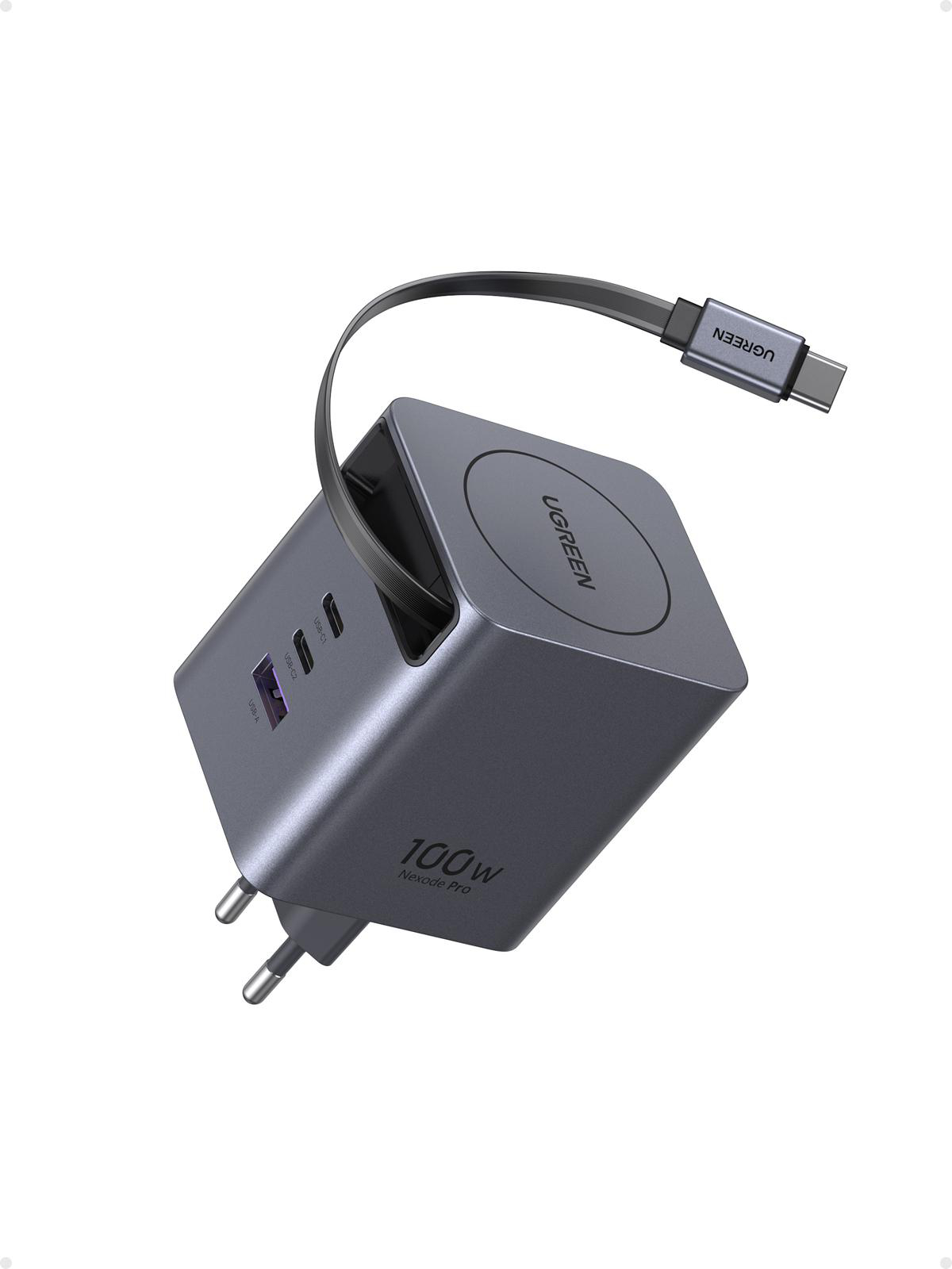 Ein graues UGREEN 100W Nexode Pro Ladegerät mit Kabel. Es hat mehrere Anschlüsse und einen Stecker für Steckdosen.