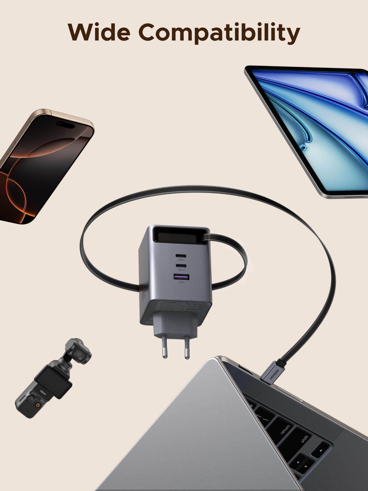 Das Bild zeigt ein Ladegerät, das mit einem Laptop, Telefon und Tablet verbunden ist. Breite Kompatibilität.