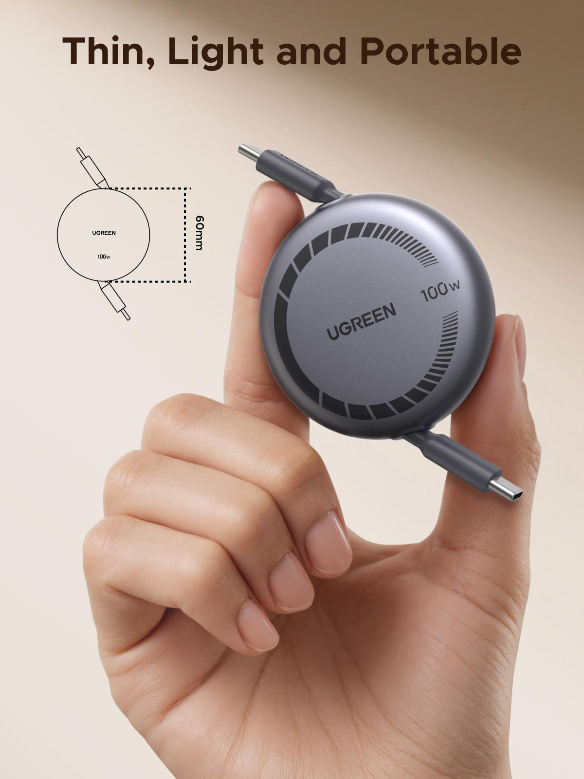 Eine Hand hält ein graues UGREEN 100W-Kabel. Text: 'Thin, Light and Portable'. Ein Diagramm zeigt Kabelabmessungen.