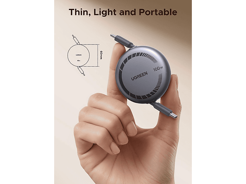 Thumbnail - UGREEN Einziehbares USB-C Kabel 100W 1m, Kabel, Grau