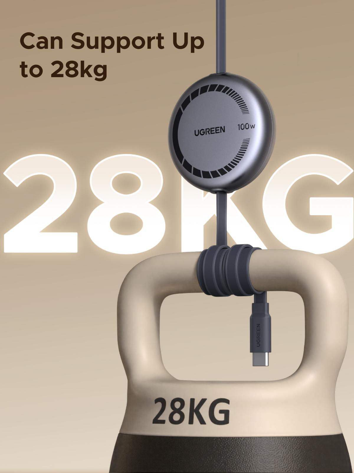 Ein Kabel trägt ein 28 kg schweres Gewicht. Ein Gerät der Marke UGREEN ist mit einer Kettlebell verbunden. Text sagt 'Kann bis zu 28 kg tragen'.