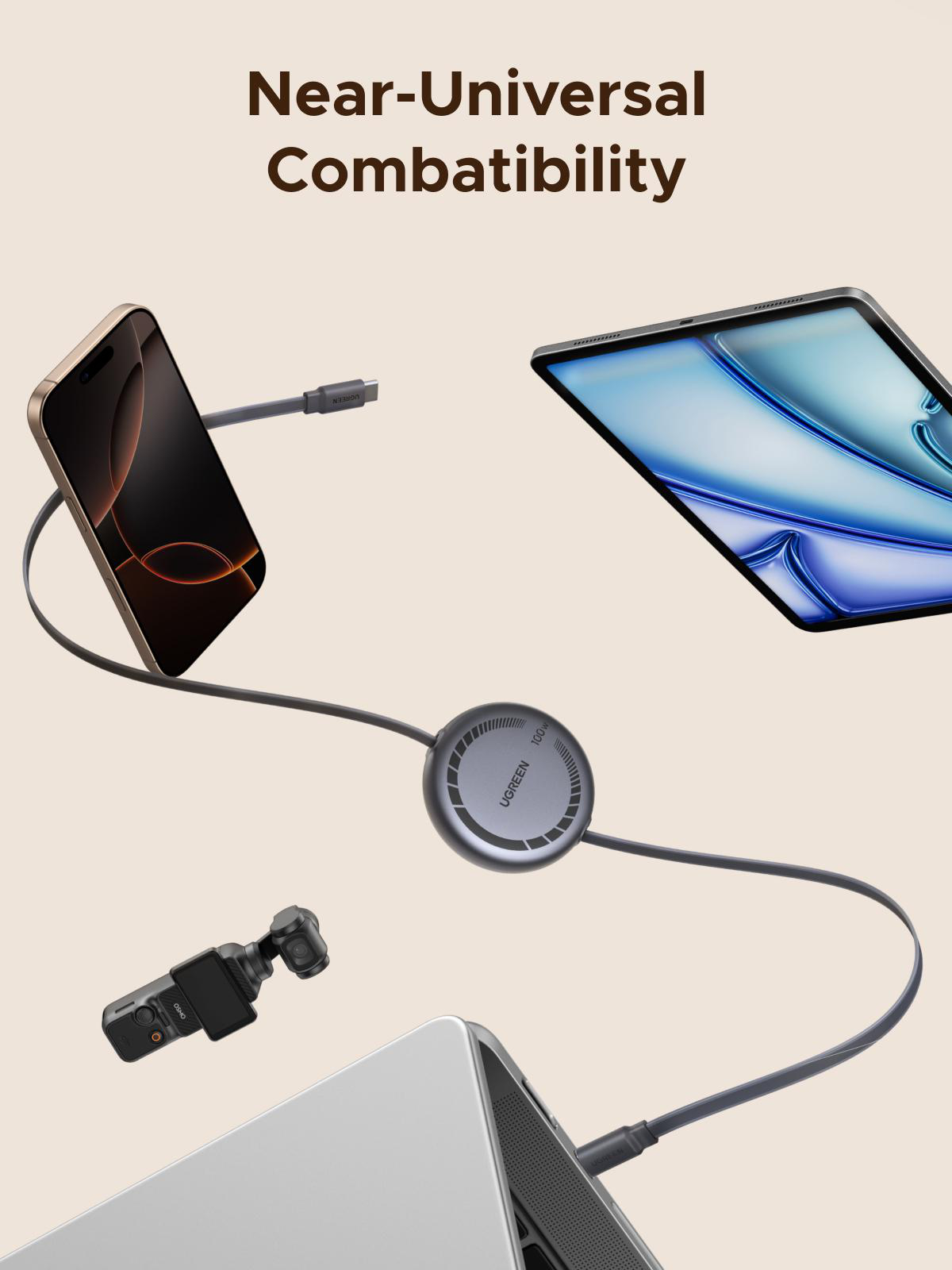 Das Bild zeigt ein Telefon, Tablet, Kamera und Laptop, die mit einem Hub verbunden sind, was die Kompatibilität veranschaulicht.