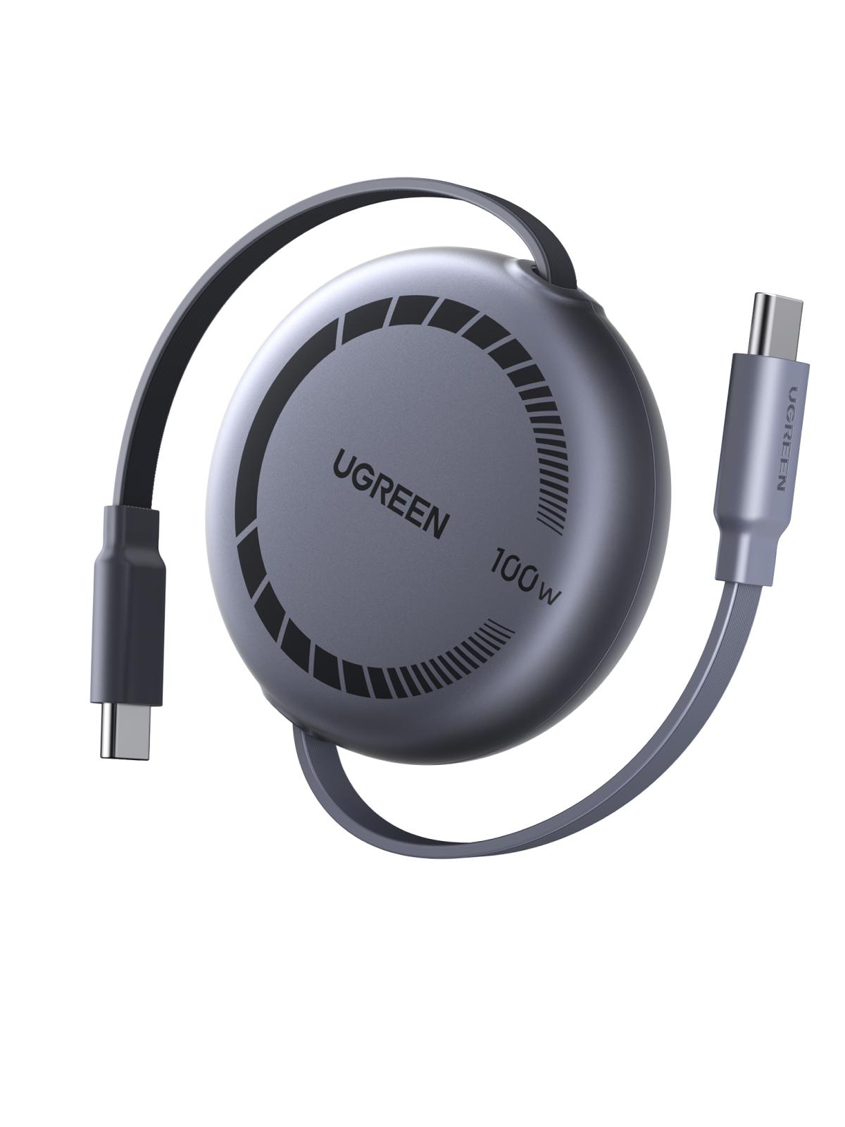 Ein graues UGREEN 100W-Ladegerät mit zwei USB-C-Kabeln, eines schwarz und eines grau, auf weißem Hintergrund.