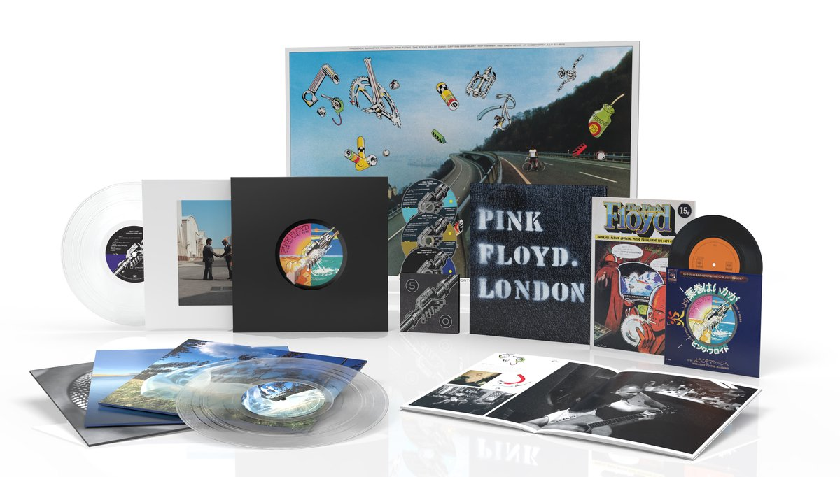Collection de pochettes d'albums et de disques vinyles de Pink Floyd, dont 'Wish You Were Here' et 'The Wall'. Avec illustrations et nom du groupe.