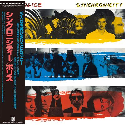Albumhoes voor Synchronicity van The Police. Bevat bandleden en abstracte afbeeldingen met Japanse tekst.