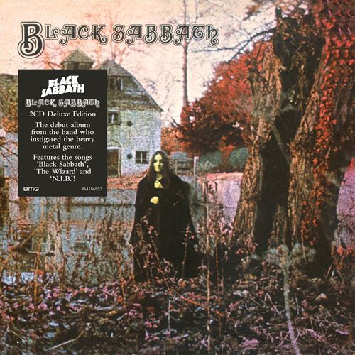 Pochette d'album : Une silhouette en noir devant une maison. Arbres et feuillage les entourent. Le titre de l'album, "Black Sabbath", est en haut.