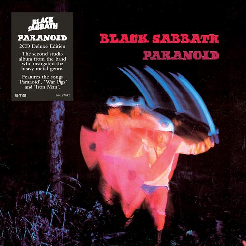 Pochette de l'album 'Paranoid' de Black Sabbath. Une figure avec un bouclier rouge court, un arbre à gauche, et du texte en haut à gauche.