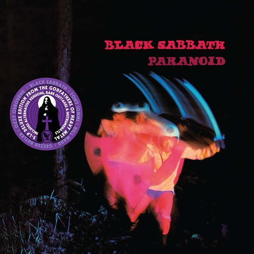 Pochette de l'album Paranoid de Black Sabbath. Une silhouette déformée est dans un flou rose et bleu. Le nom du groupe est en haut en rose.