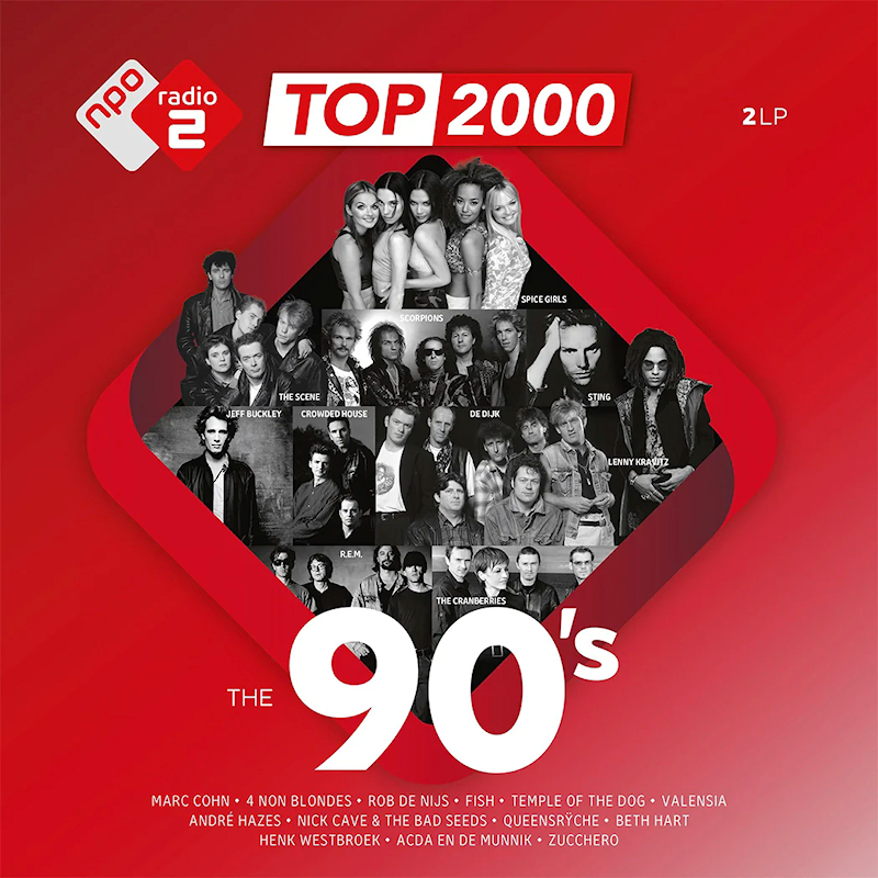 Affiche pour Radio 2 Top 2000. Comprend des photos de groupes des années 90. Palette de couleurs rouge et blanche. Texte incluant 'The 90's' et noms de groupes.