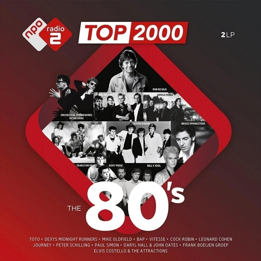 Albumhoes: 'Radio 2 Top 2000' met artiesten uit de jaren 80 zoals Bruce Springsteen en Duran Duran. Rood en wit design.