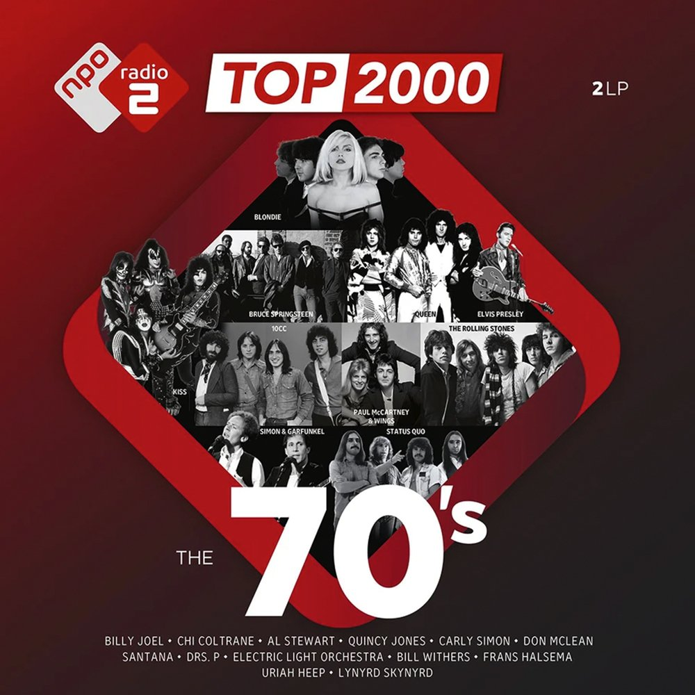 Affiche pour la musique Top 2000. Présente divers artistes comme Blondie, Queen, Elvis Presley. Texte '70s en gras, avec un design rouge et blanc.