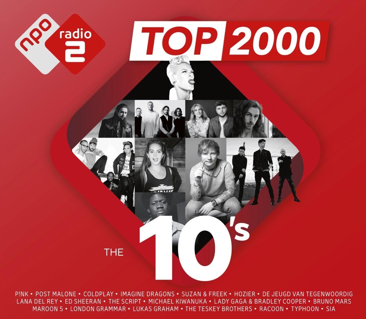 Poster voor het Top 2000 muziekevenement, met artiesten als Pink, Ed Sheeran en anderen. Rode achtergrond met logo en artiestenafbeeldingen.