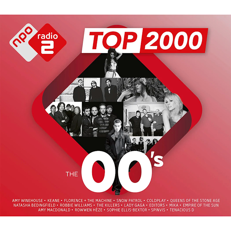 Affiche pour Radio 2 Top 2000. Comprend des images d'artistes et de groupes, avec le texte 'The 00's' et une liste de noms.