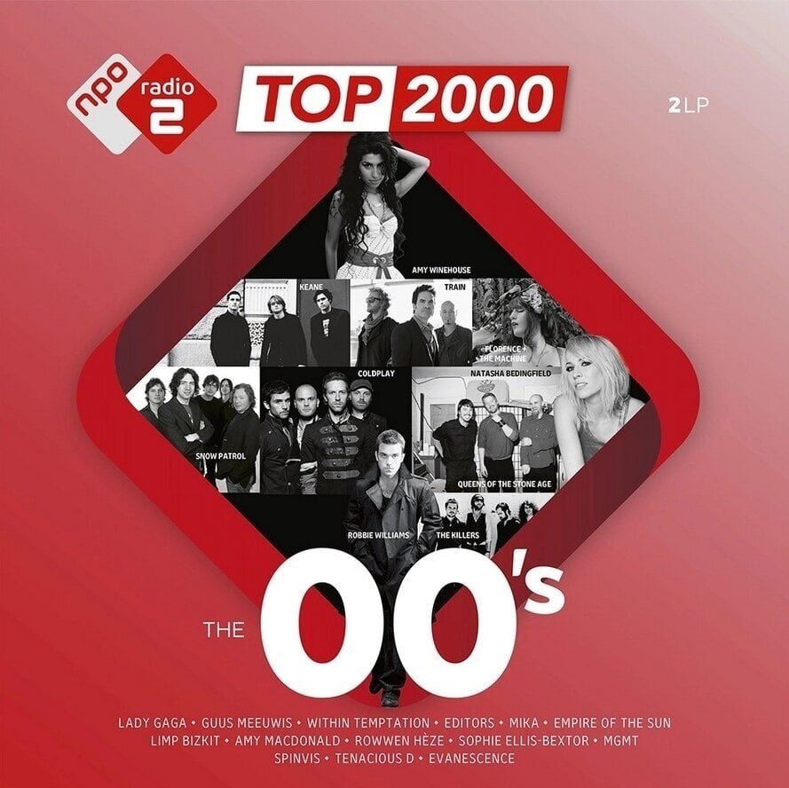 Poster voor Radio 2 Top 2000 met artiesten als Amy Winehouse, Coldplay en Robbie Williams, met een rood-wit design.