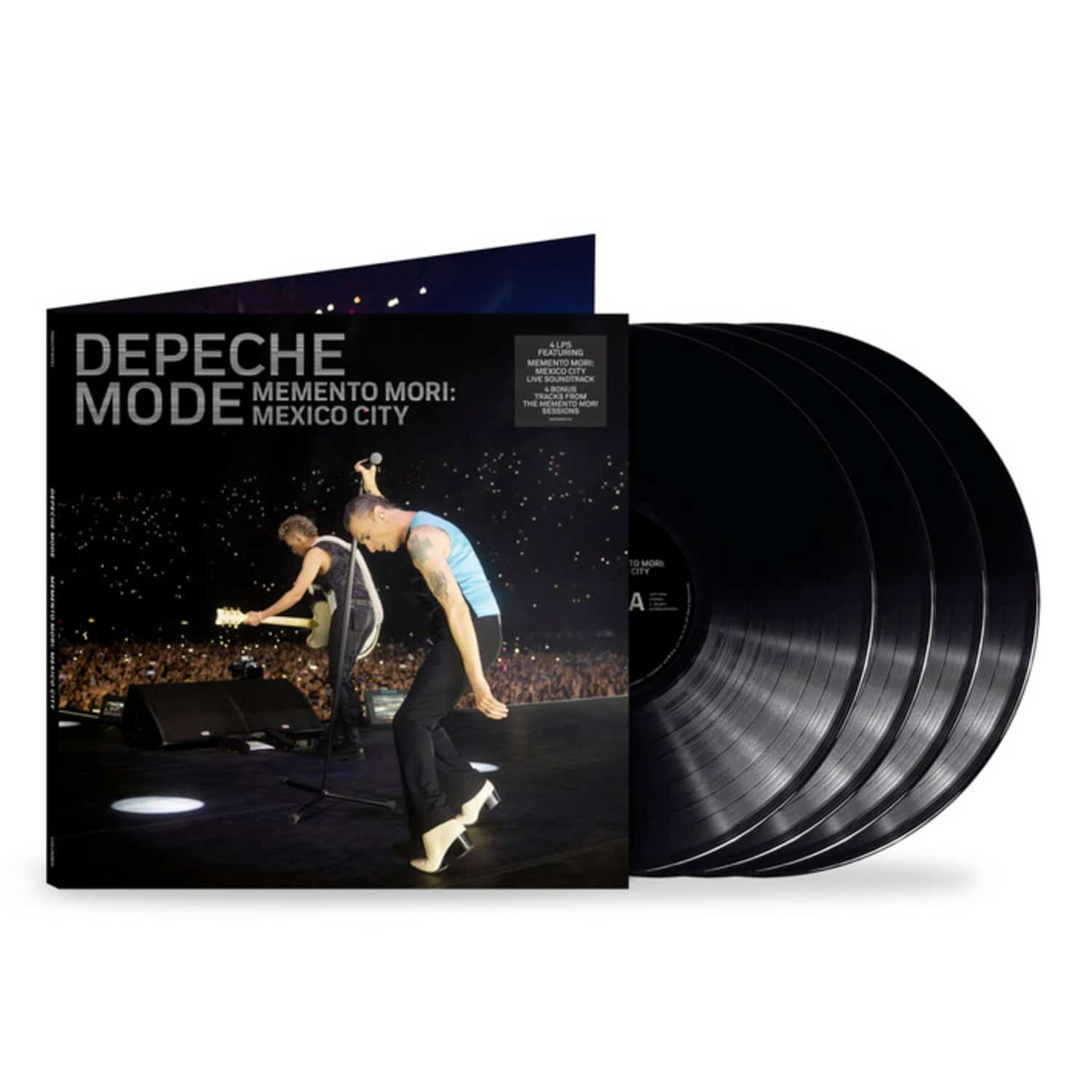 Albumhoes van Depeche Mode. Bandleden op het podium. Vier zwarte vinylplaten rechts.