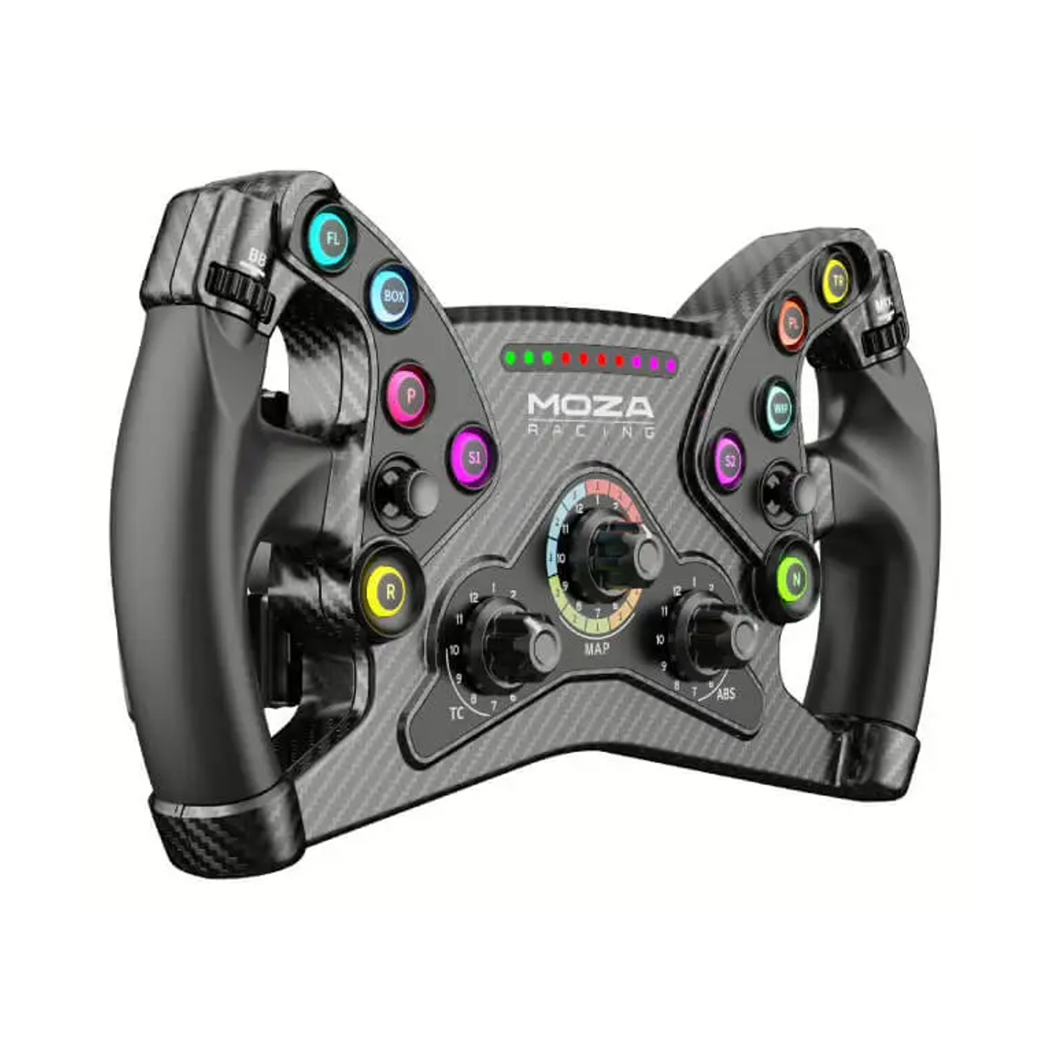 Un volante da corsa nero con pulsanti, quadranti e un display centrale. Il marchio MOZA RACING è visibile. Lo sfondo è bianco.