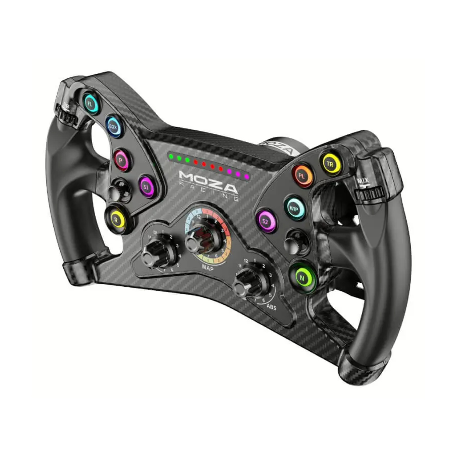Un volante da corsa nero e grigio con più pulsanti, quadranti e un display. Il marchio MOZA è visibile. I pulsanti sono codificati a colori.