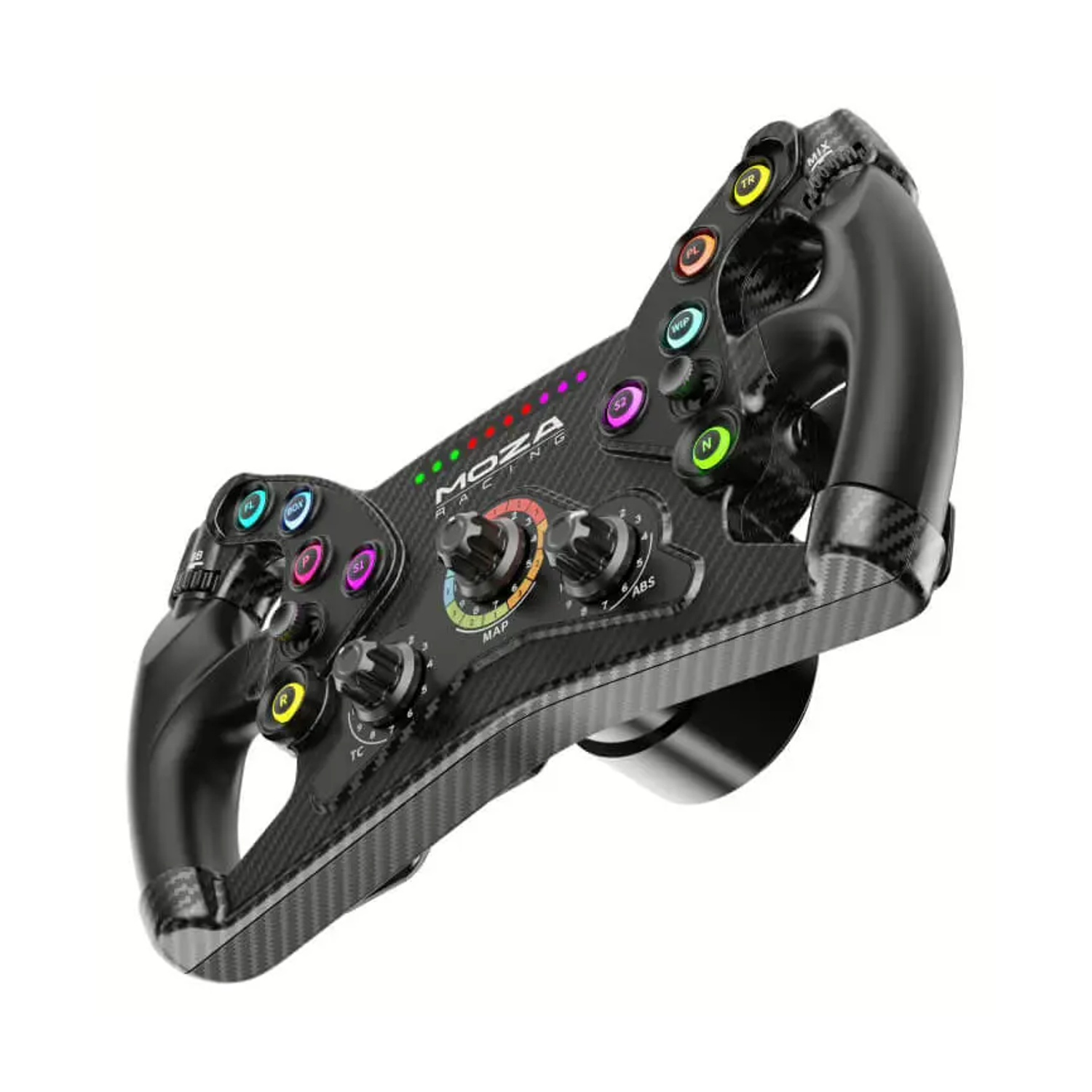 Un volante da corsa nero con più pulsanti e manopole colorate. Design in fibra di carbonio. Logo MOZA Racing visibile.