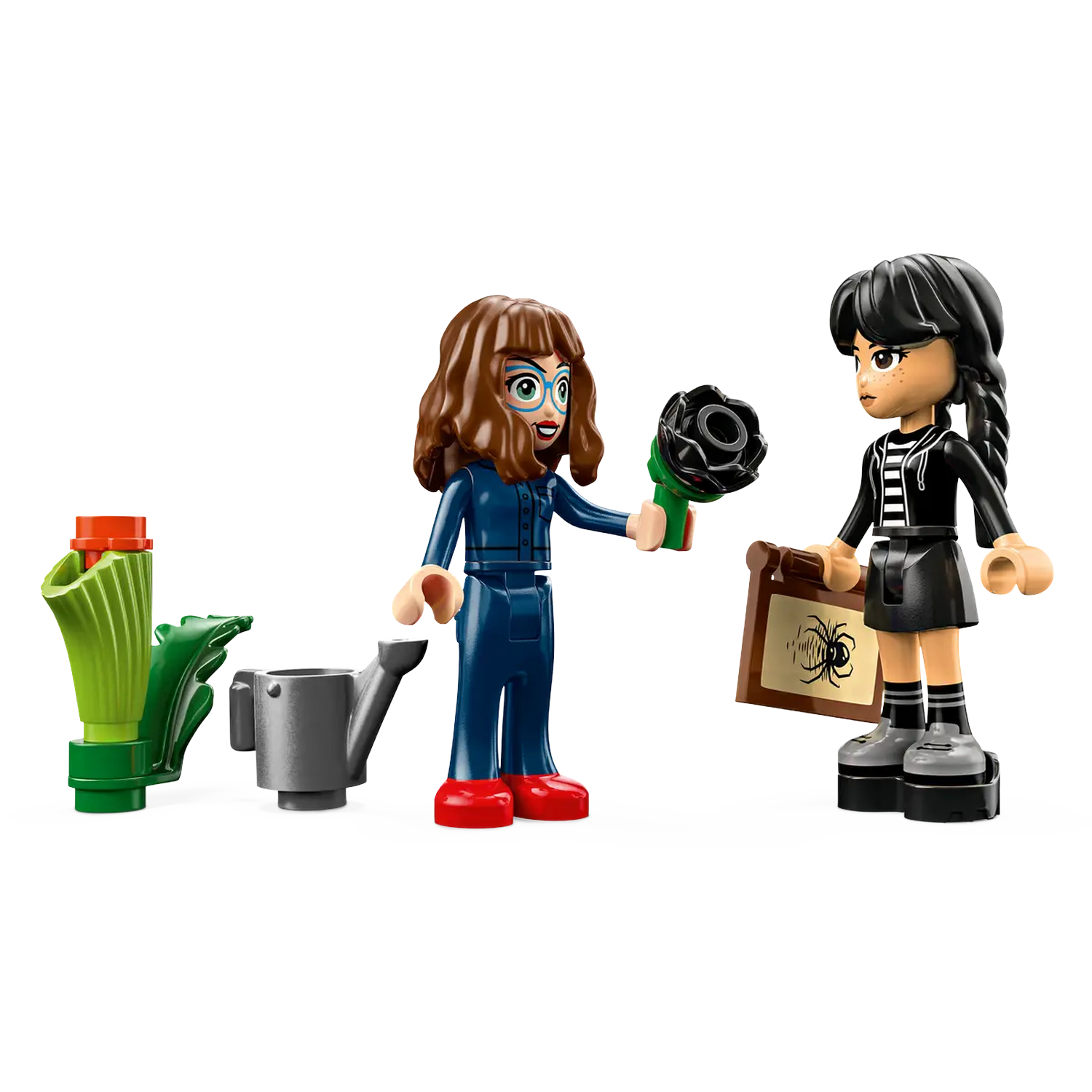 Twee Lego-figuren met een zwarte roos en een afbeelding van een spin. Een plant en een gieter op de achtergrond.