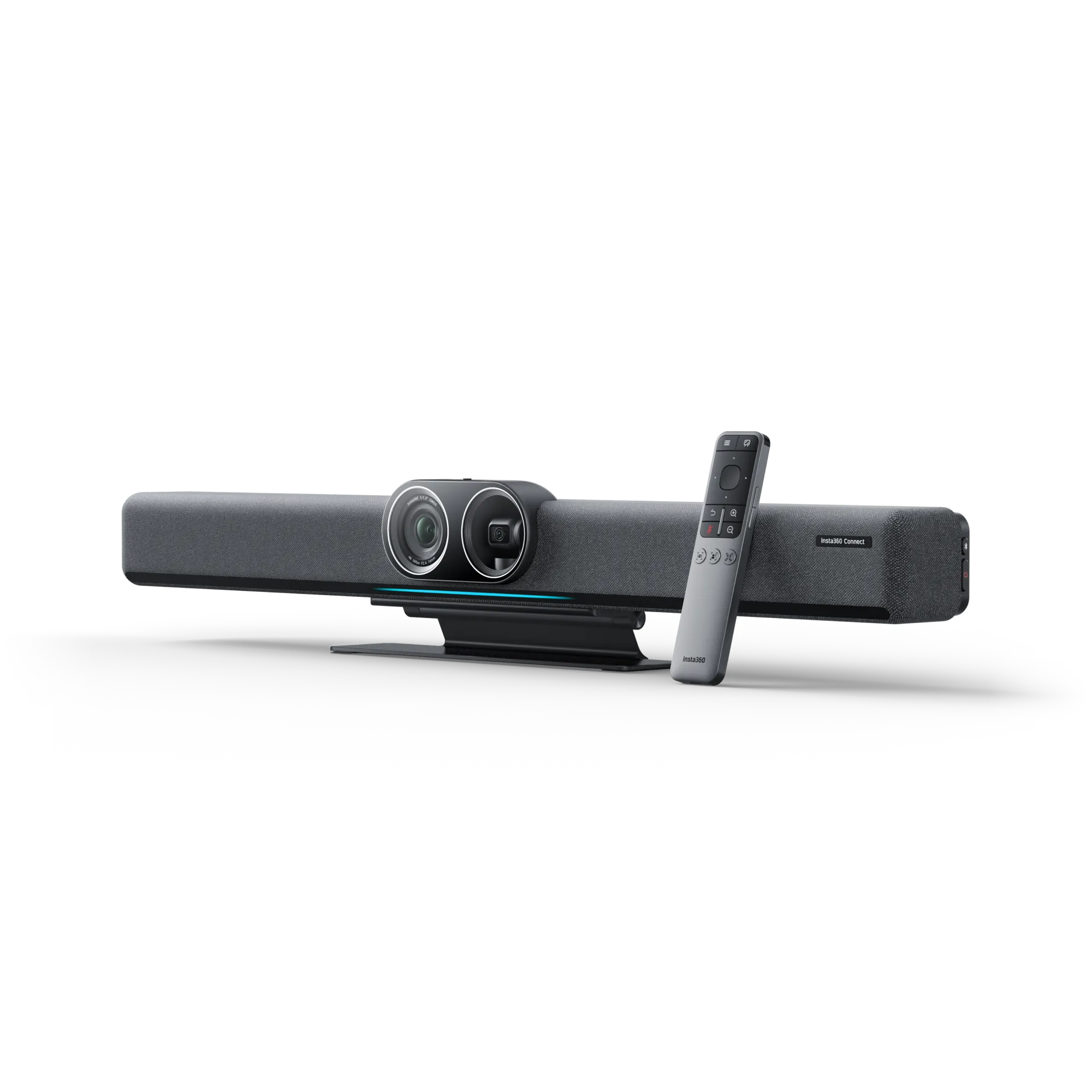 Graue Insta360-Videoleiste mit zwei Kameras und Fernbedienung auf schwarzem Hintergrund.