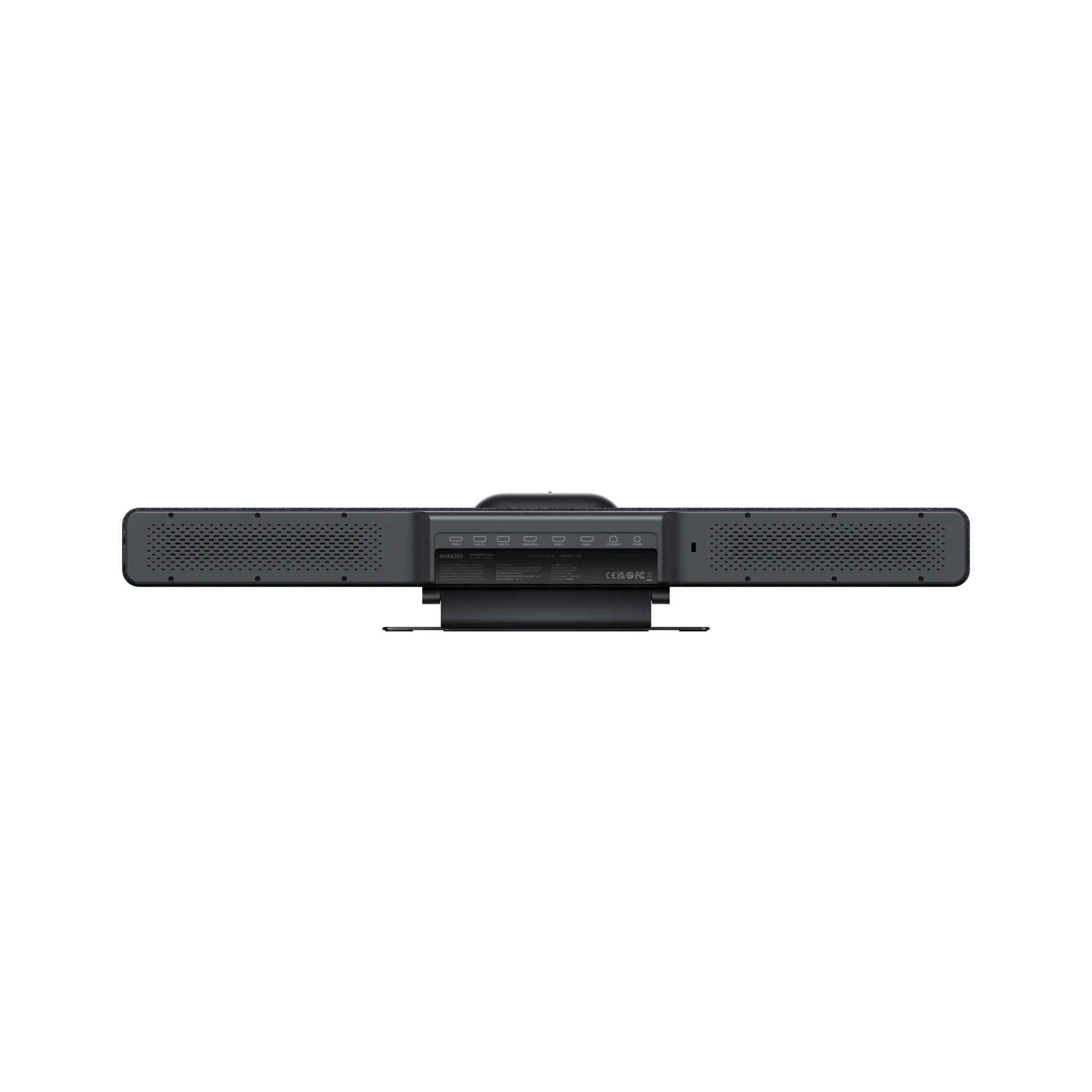 Eine schwarze Soundbar auf schwarzem Hintergrund, mit sichtbaren Anschlüssen und Logos. Sie ist auf einem Ständer montiert.