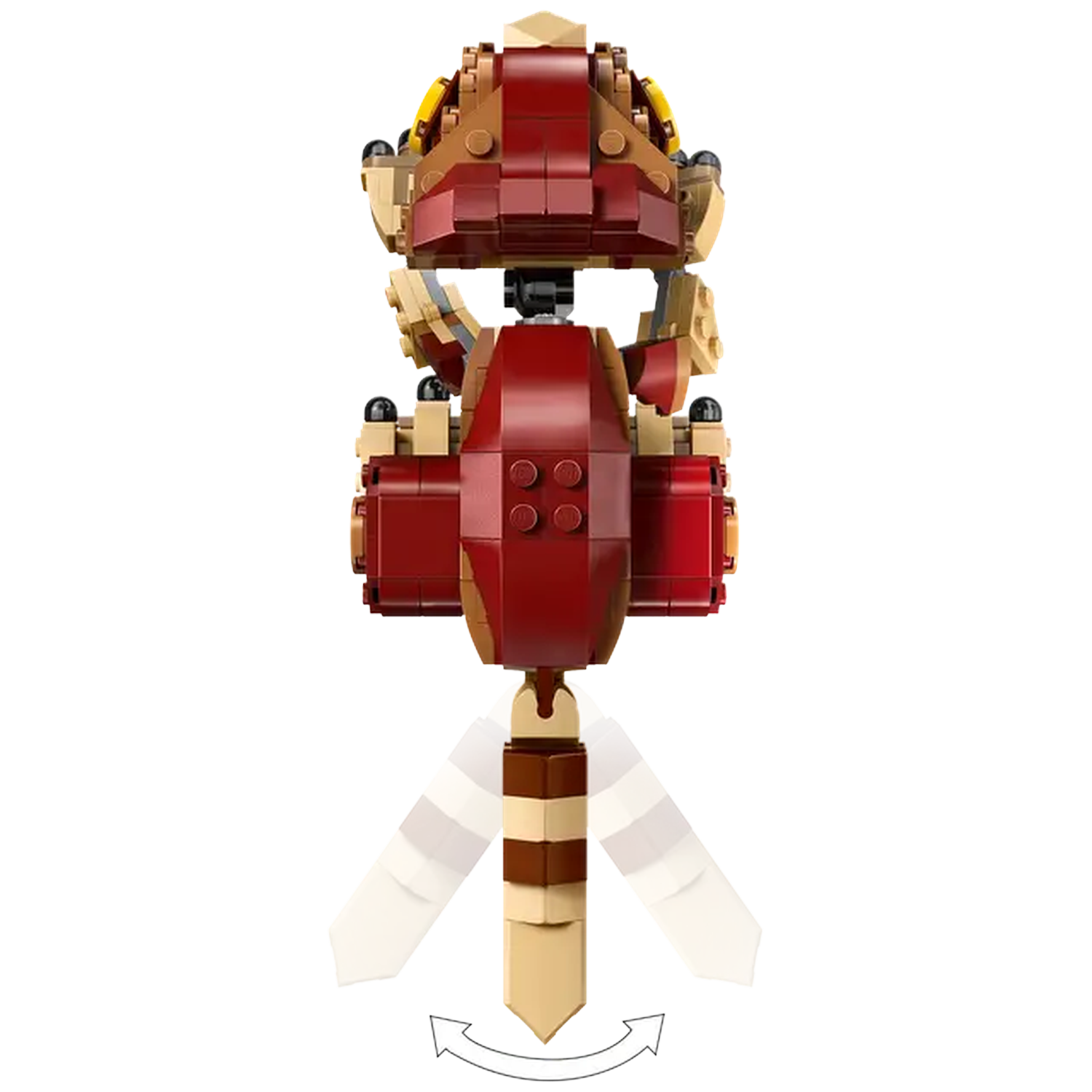 A Lego insect, red body, tan wings, arrows indicate movement. The insect has a large head with yellow and brown accents.