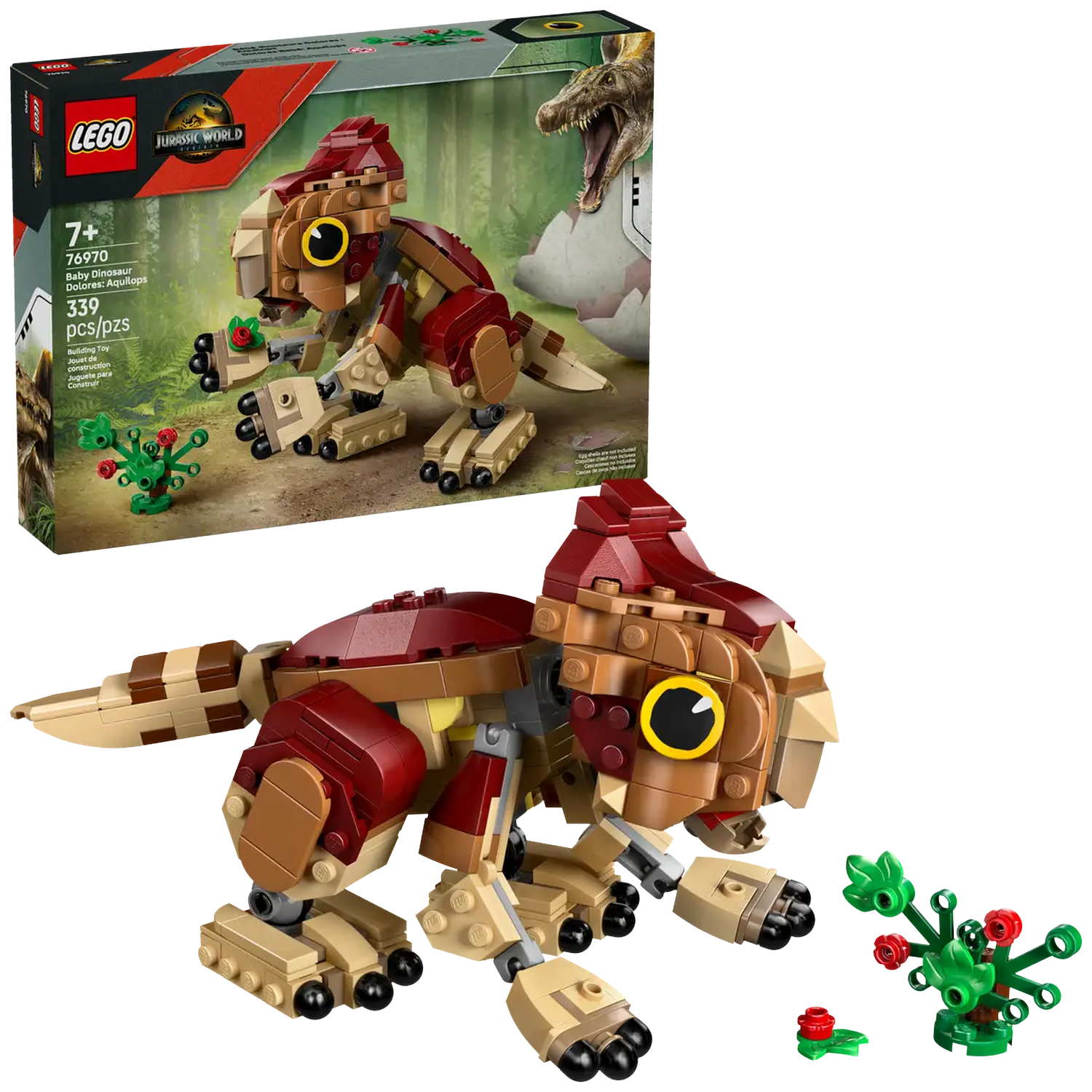 A Lego Jurassic World set featuring a baby dinosaur made of brown and red blocks, with a small plant next to it. A box is in the background.