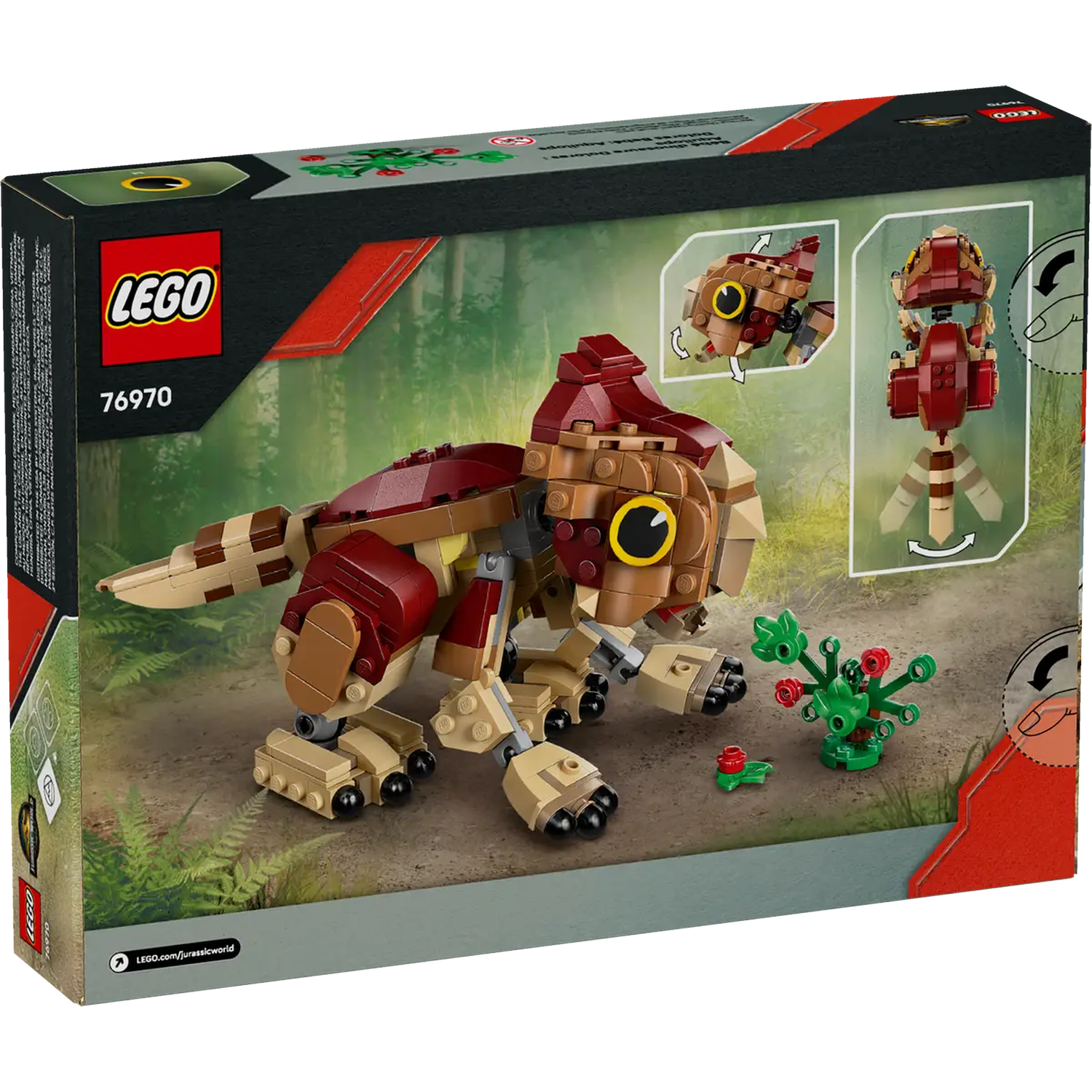 LEGO set box with a dinosaur. It is brown and maroon. The background shows a forest. There are green plants in front.