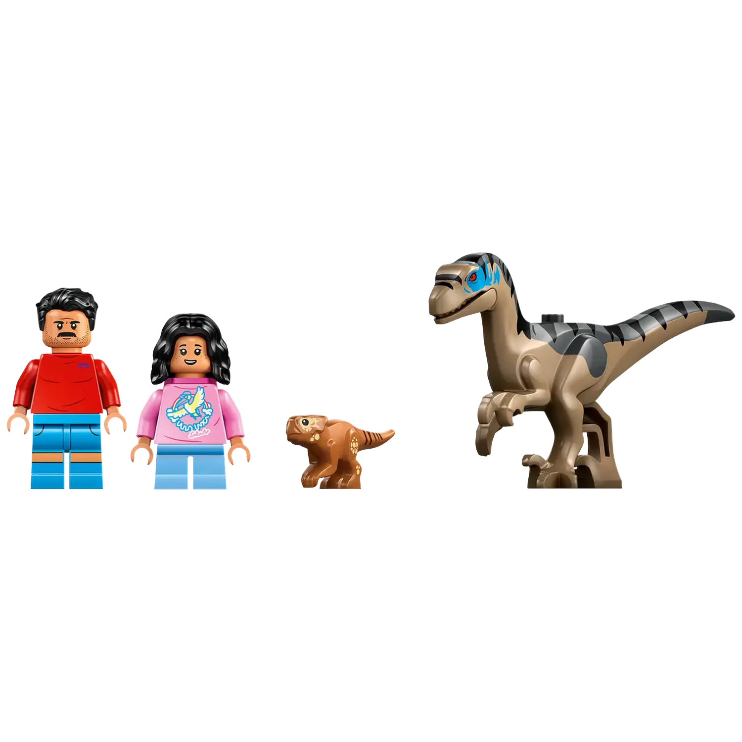 Lego figures: man, woman, small dinosaur, and a larger Raptor. The man has a mustache. The woman wears a pink shirt. The Raptor has blue markings.