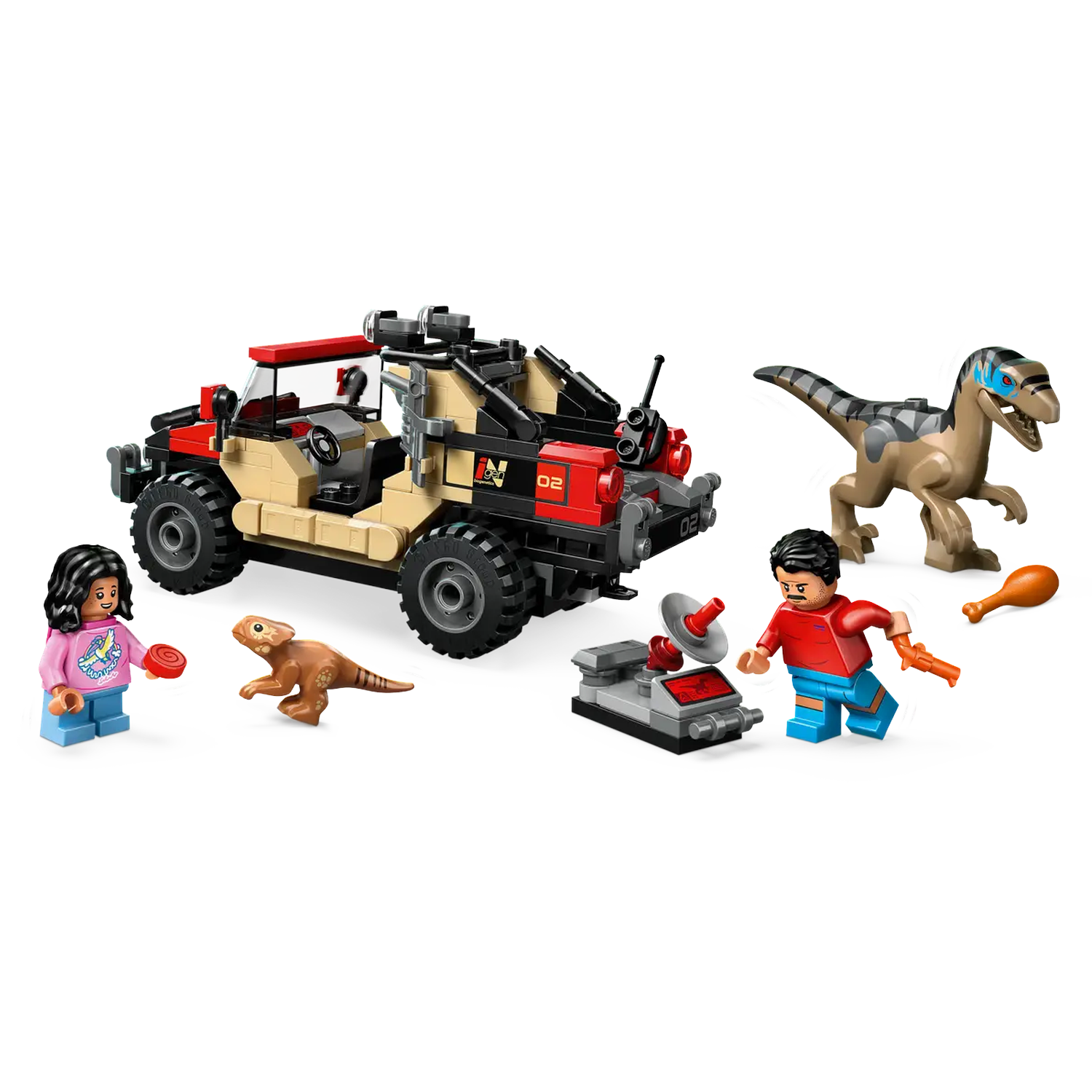 Lego set with a jeep, dinosaurs, and minifigures. One figure is holding a gun, another a plate. The scene looks like a chase.