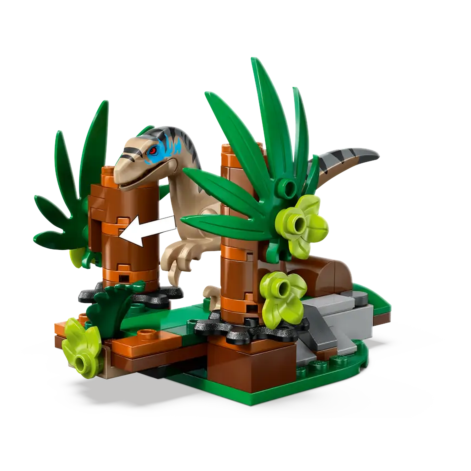 A Lego scene features a dinosaur among green plants and brown structures. The dinosaur has blue markings. The scene is on a green base.