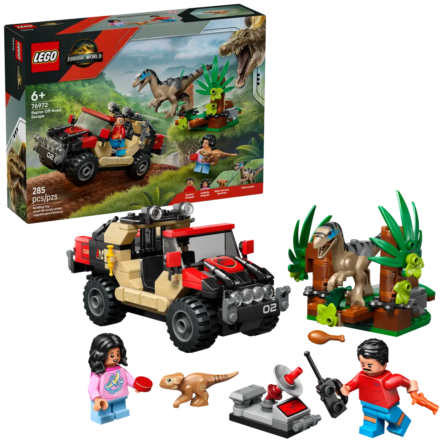 Lego set: Jurassic World. Includes a jeep, dinosaurs, and minifigures. Box shows the scene with a raptor and a person.